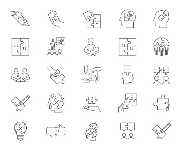 Vector illustration of Set of 25 puzzle related icons. Vector thin line graphic elements related with solutions, business, strategies and creative problems and solutions