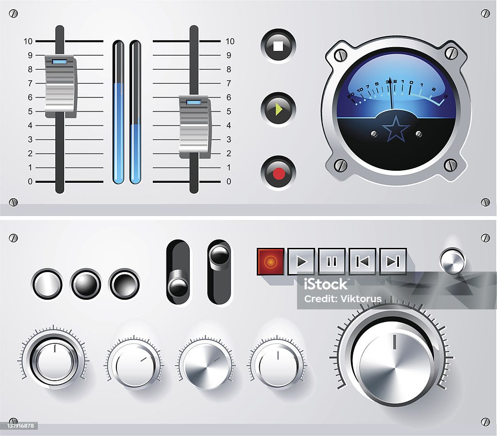 Analog controls interface elements set, vector Analog controls interface elements set, vector, including volume controls, VU meter, sliders, player controls, push buttons and toggle switches. Blue stock vector