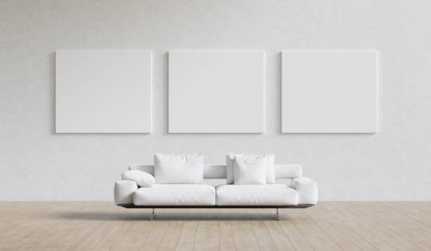 3 개의 빈 모형 캔버스와 흰색 소파가있는 대형 인테리어. 프레젠테이션 개념. 3d 렌더. - canvas artists canvas white frame 뉴스 사진 이미지