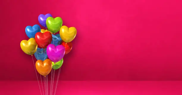 Colorful heart shape balloons bunch on a pink wall background. Horizontal banner. 3D illustration render
