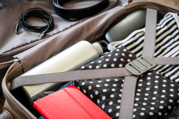 istock Open vintage suitcase full of clothes 1319171384