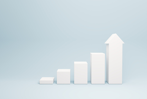 Business growing graph chart of stock market investment trading, showing report, statistic index positive, Progress bar, Bar diagram, Growth success arrow 3d rendering on a bright blue background.