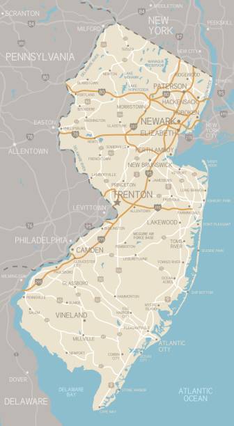 New Jersey Map A detailed map of New Jersey state with cities, roads, major rivers, and lakes. Includes neighboring states and surrounding water.  new jersey stock illustrations