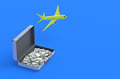 Suitcase full of banknotes near passenger airplane. Luxury tourist travel. An expensive vacation. Investing, reinvesting in airlines. Charter flights. Cargo transportation by aviation. 3d render