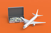 Suitcase full of banknotes near passenger airplane. Luxury tourist travel. An expensive vacation. Investing, reinvesting in airlines. Charter flights. Cargo transportation by aviation. 3d render