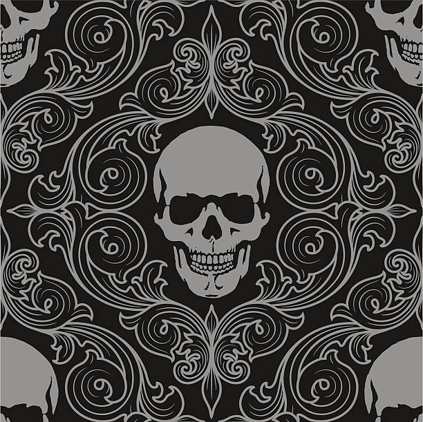 ilustrações, clipart, desenhos animados e ícones de florall padrão fith skulls - seamless paisley floral pattern pattern