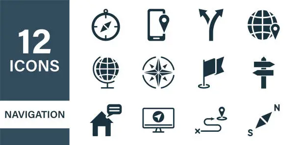 Vector illustration of Navigation and Map line icons. Navigation, Road Location, Destination line icons. Map, Pointer, Pin, GPS, Compass, Geo Location, Traffic and Tourism Silhouette icons. Vector illustration