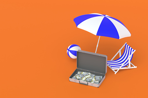 Suitcase with money near beach chair, ball and umbrella. Luxury tourist travel. An expensive vacation. Investing, reinvesting in exotic resorts. Business holidays. Copy space. 3d render