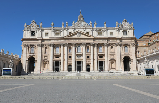 Vaticano City, VA, Vatican - August 16, 2020: Basilica of Saint Peter and square without people in sunny day