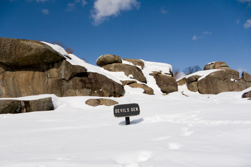 The Devils Den on the historic Gettysburg battlefield after a very heavy snow.  Only a few footprints in the snow.