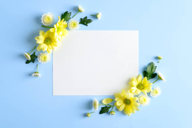 istock Creative flat lay composition with blank paper card and yellow flowers on blue background. Flat lay, top view, copy space. Birthday greeting card mockup. 1319178880
