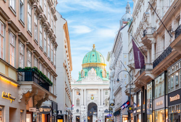 Kohlmarkt shopping street with Hofburg palace at background, Vienna, Austria Kohlmarkt shopping street with Hofburg palace at background, Vienna, Austria hofburg imperial palace stock pictures, royalty-free photos & images