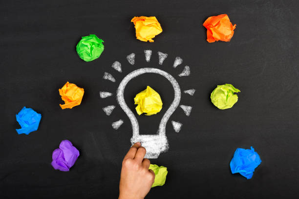 istock Creative Crumpled Paper Light Bulb Idea on Chalkboard 1319179397
