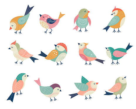 Flying birds. Decorative folk stylized illustrations of birds recent vector floral decor. Singing hummingbird, bird folk drawing illustration