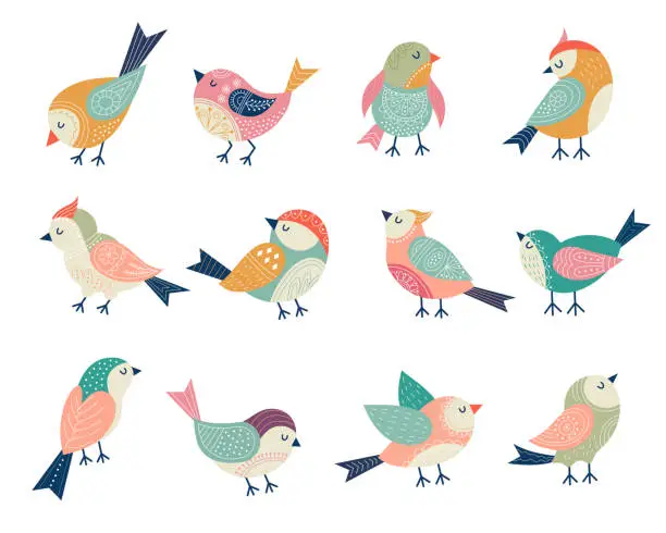 Vector illustration of Flying birds. Decorative folk stylized illustrations of birds recent vector floral decor