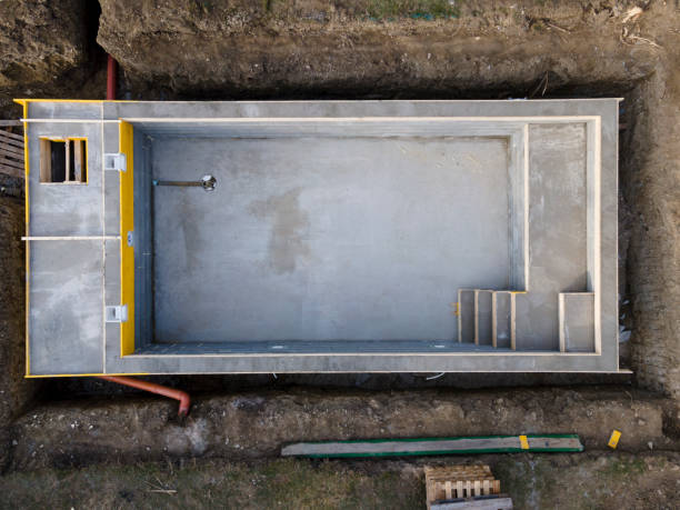 istock Drone photo of pool construction site in a garden 1319180312