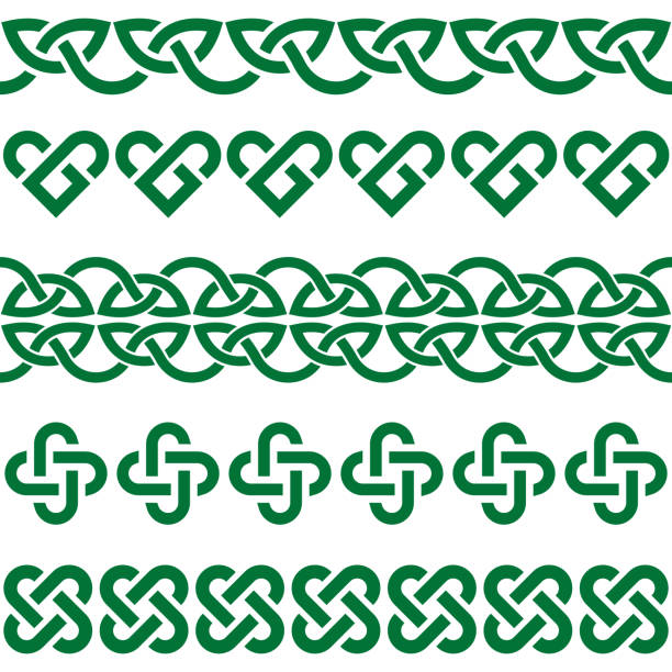 ирландский кельтский вектор зеленых узлов и кос - бесшовные коллекции узоров, границы и рамы дизайн, идеально подходит для поздравительных  - celtic style celtic culture tied knot pattern stock illustrations