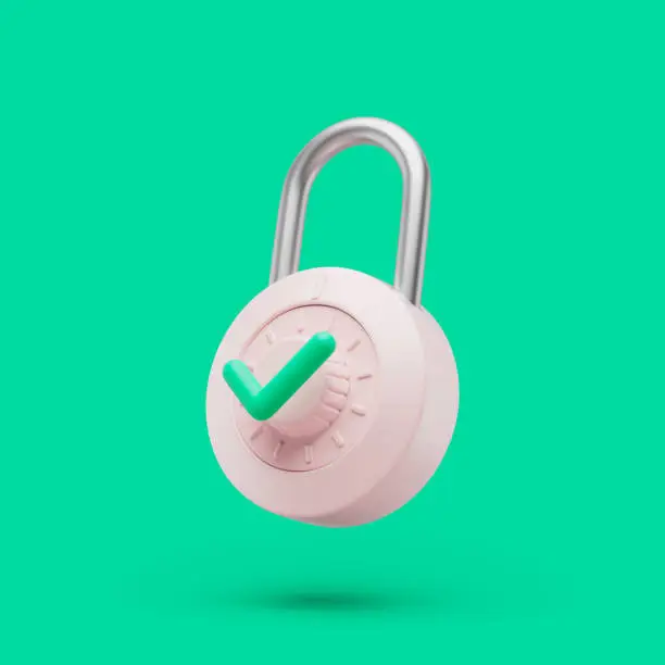 Photo of Padlock locked icon with green check simbol simple 3d render illustration on green background