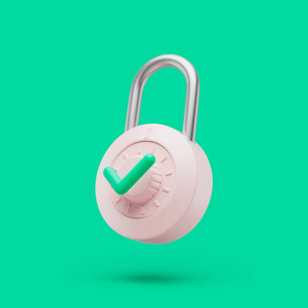 padlock locked icon with green check simbol simple 3d render illustration on green background - good defense imagens e fotografias de stock