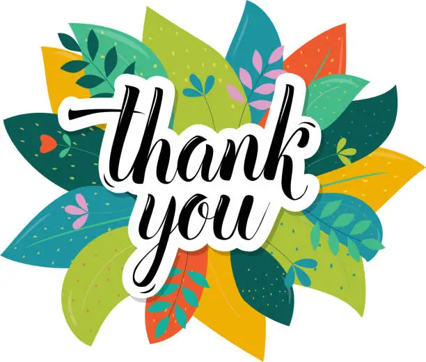 Vector illustration of thank you vector lettering on tropical leaves background isolated