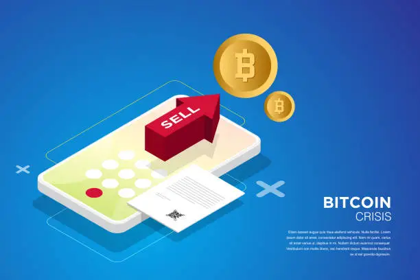 Vector illustration of Bitcoin isometric composition with people, analysts and managers working on crypto start up. Landing page template. Vector isometric illustration. stock illustration