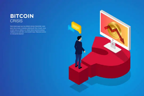 Vector illustration of Bitcoin isometric composition with people, analysts and managers working on crypto start up. Landing page template. Vector isometric illustration. stock illustration