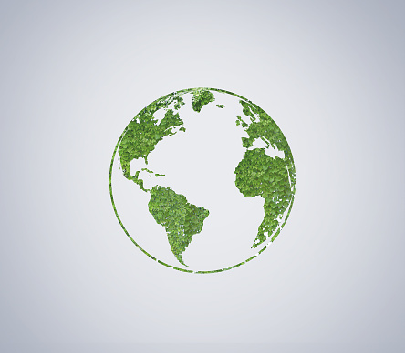 Green World Map- Forest and mountain shape of world map isolated on white background. World Environment Day and Earth Day Concept. Green ecology Concept.