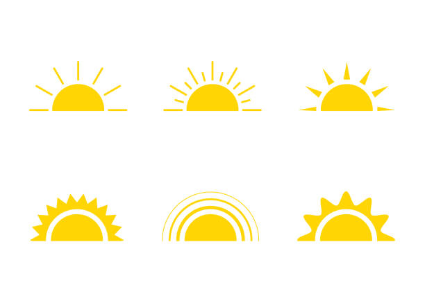 gelbe sonnenikone, sonnenschein und sonnenaufgang oder sonnenuntergang. dekorative sonne und sonnenlicht. heiße sonnenenergie für bräune. vektorzeichen - sun stock-grafiken, -clipart, -cartoons und -symbole