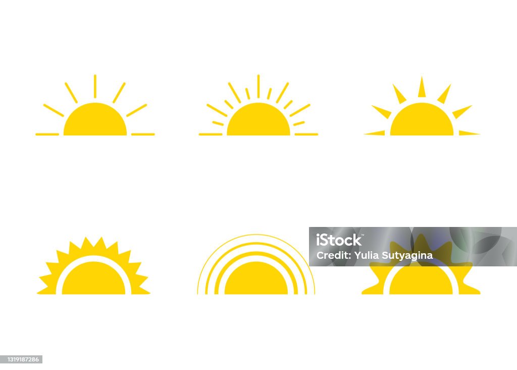 Gul solikon, solsken och soluppgång eller solnedgång. Dekorativ sol och solljus. Varm solenergi för solbränna. Vektor tecken - Royaltyfri Sol vektorgrafik