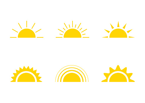 Yellow sun icon, sunshine and sunrise or sunset. Decorative sun and sunlight. Hot solar energy for tan. Vector