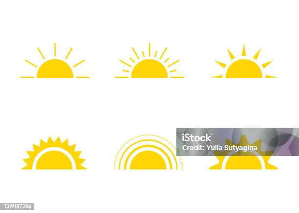 Yellow Sun Icon Sunshine And Sunrise Or Sunset Decorative Sun And Sunlight Hot Solar Energy For Tan Vector Sign Stock Illustration - Download Image Now