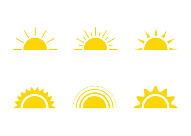 Vector illustration of Yellow sun icon, sunshine and sunrise or sunset. Decorative sun and sunlight. Hot solar energy for tan. Vector sign