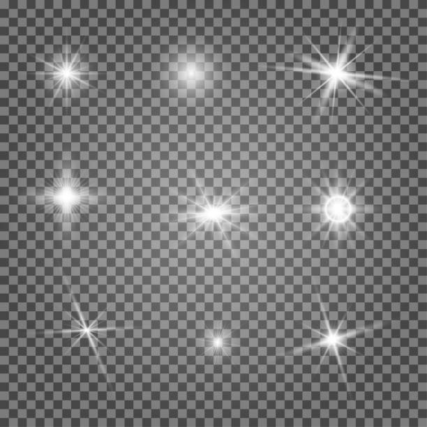 Camera light. Star twinkle vector glow, sparkle Camera light. Star twinkle vector glow, sparkle highlight. Flashlight accent isolated on transparent background. Glint effect, bright christmas glitter. Fun magic explosion pack camera flash illustrations stock illustrations