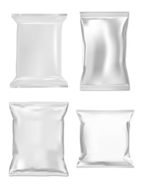 스낵 백 모형. 호일 봉지, 지퍼 파우치 샘플 - white black plastic packaging stock illustrations