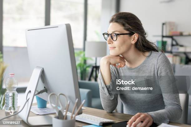 Professional Woman Working From Home Stock Photo - Download Image Now - Computer, Using Computer, Women
