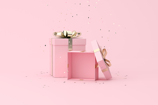 Minimal trendy scene of gift box on golden confetti particles background, 3D rendering.