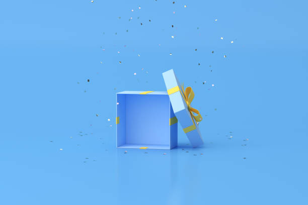 istock Minimal trendy scene of open gift box on golden confetti particles background, 3D rendering. 1319189949