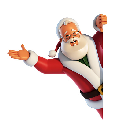 Santa Claus behind white board waving hand isolated on white background 3d rendering, isolated illustration