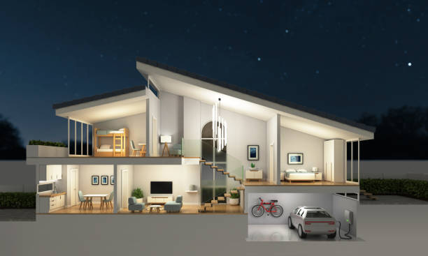 sección transversal moderna del hogar, escena nocturna, renderizado en 3d - corte transversal fotografías e imágenes de stock