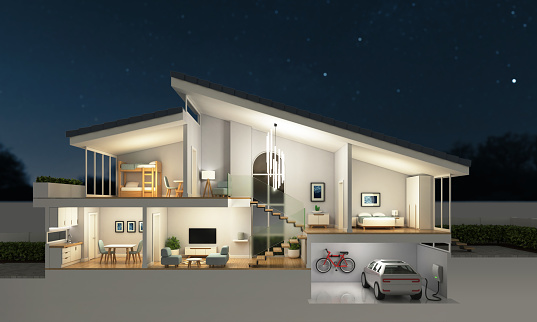 Modern home cross section, night scene, 3d rendering, isolated illustration