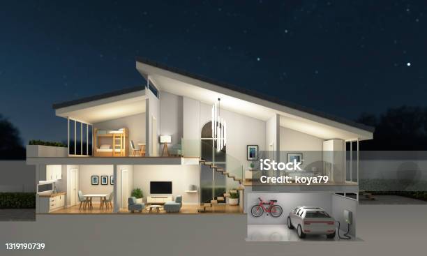 Modern Home Cross Section Night Scene 3d Rendering Stock Photo - Download Image Now