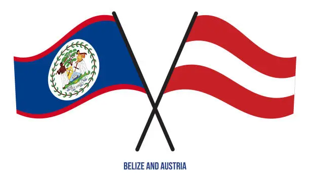 Vector illustration of Belize and Austria Flags Crossed And Waving Flat Style. Official Proportion. Correct Colors.