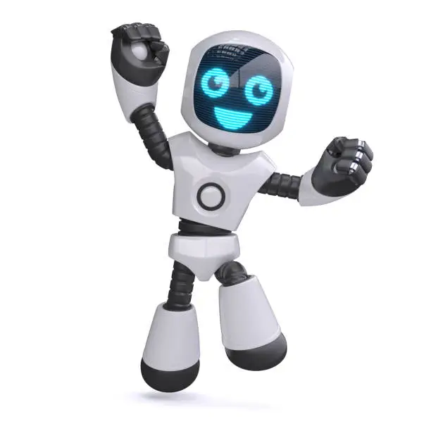 Little robot jumping and cheering, 3d rendering, isolated illustration