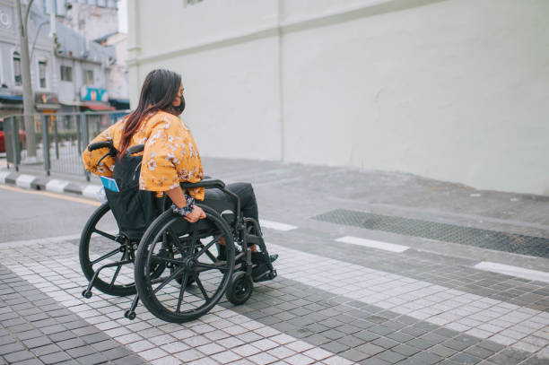 istock side view asian indian beautiful woman with disability using wheelchair zebra crossing crossing road in the city 1319190855