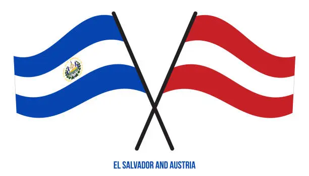 Vector illustration of El Salvador and Austria Flags Crossed And Waving Flat Style. Official Proportion. Correct Colors.