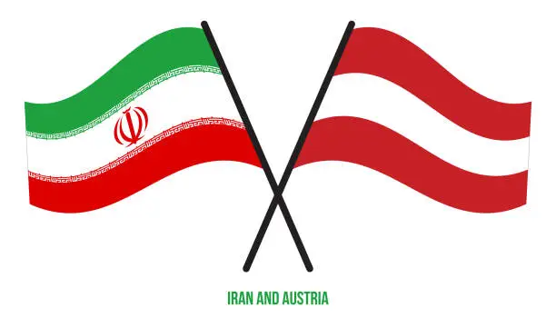 Vector illustration of Iran and Austria Flags Crossed And Waving Flat Style. Official Proportion. Correct Colors.