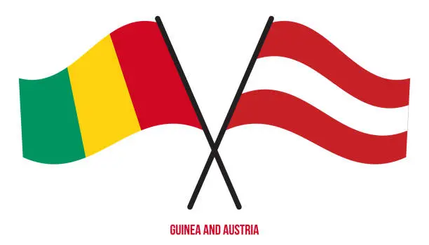 Vector illustration of Guinea and Austria Flags Crossed And Waving Flat Style. Official Proportion. Correct Colors.