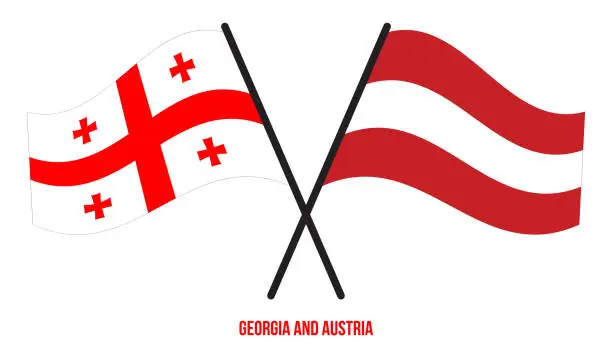 Vector illustration of Georgia and Austria Flags Crossed And Waving Flat Style. Official Proportion. Correct Colors.