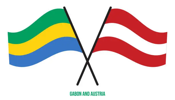 Vector illustration of Gabon and Austria Flags Crossed And Waving Flat Style. Official Proportion. Correct Colors.