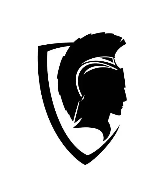 Vector illustration of spartan warrior head inside black and white vector heraldic shield design